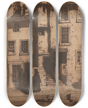Triptych art skateboard deck of David Young Cameron Old Houses Stirling by David Young Cameron (1865-1945)
