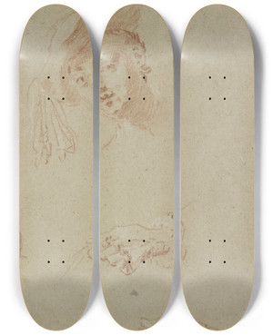 Triptych art skateboard deck of Nicolas Lancret Head And Two Hands by Nicolas Lancret (1690-1743)