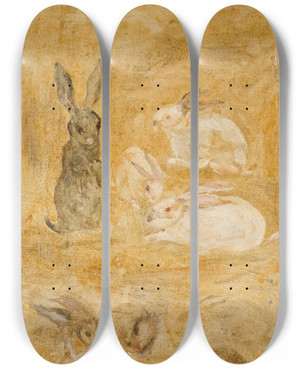 Triptych art skateboard deck of Tadeusz Makowski Rabbits by Tadeusz Makowski (1882-1932)