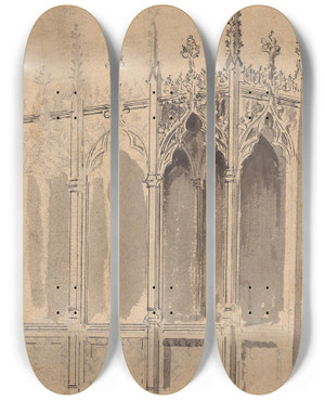 Triptych art skateboard deck of Augustus Pugin Design For A Gothic Screen by Augustus Pugin (1812-1852)