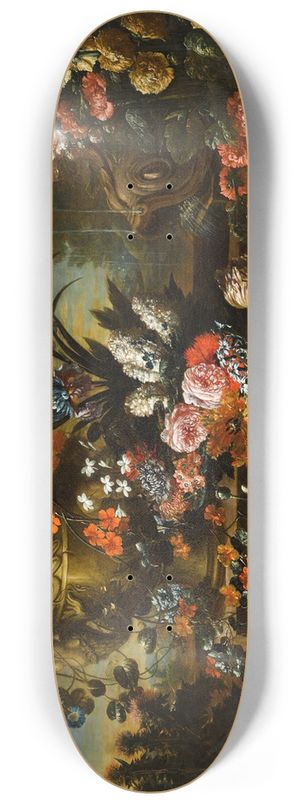 Jan Baptist Bosschaert - A stone urn on steps decorated with flowers and fruit beside a dolphin-headed fountain in an extensive landscape 8.25 inch art skate deck