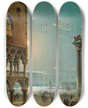Triptych art skateboard deck of Giovanni Grubacs Moonlit Night On St Marks Square Venice by Giovanni Grubacs (1829-1919)