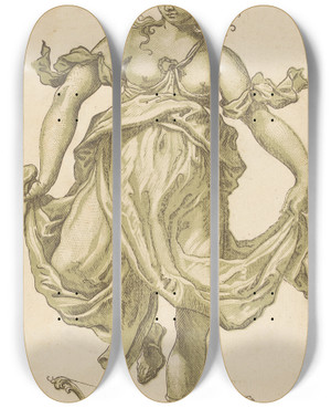 Triptych art skateboard deck of John Baptist Jackson Dancing Nymph With Bow And Arrows by John Baptist Jackson (1701-1780)