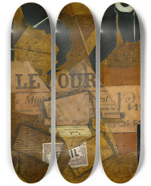 Triptych art skateboard deck of Juan Gris Tabac Journal Et Bouteille De Vin Ros by Juan Gris (1887-1927)