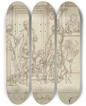 Triptych art skateboard deck of Daniel Nikolaus Chodowiecki Das Almosen by Daniel Nikolaus Chodowiecki (1726-1801)