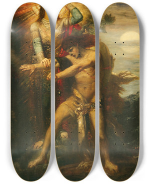 Triptych art skateboard deck of Gustave Moreau Jacob And The Angel by Gustave Moreau (1826-1898)