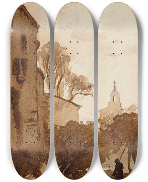Triptych art skateboard deck of Franoismarius Granet Paysage Avec Un Clocher by Franois-Marius Granet (1775-1849)