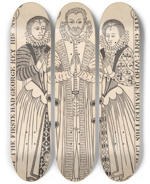 Triptych art skateboard deck of Daniel Lysons Brass Plate For George Ray From Hornsey Church by Daniel Lysons (1762-1834)