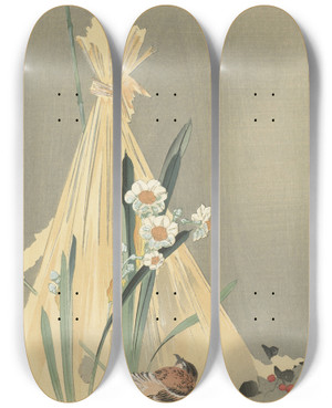 Triptych art skateboard deck of Ohara Koson Songbird At Hay Bundle by Ohara Koson (1877-1945)