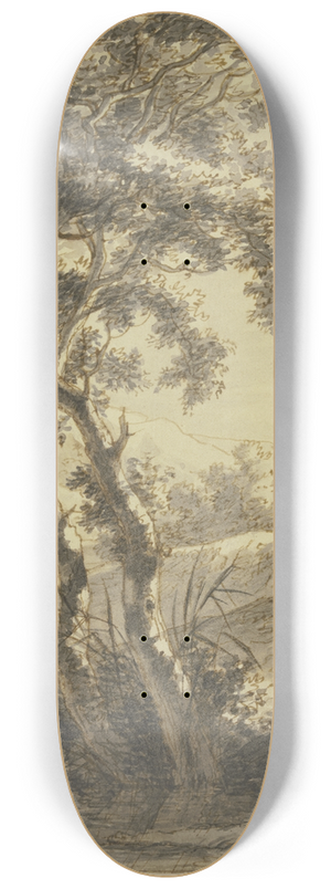 Jan Both - Landschaft, vorne zwei Bume, rechts eine Ruine, links ein Wasser und Felsen 8.25 inch art skate deck