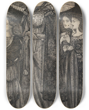 Triptych art skateboard deck of Sir Edward Coley Burnejones Alice La Belle Plerine by Sir Edward Coley Burne-Jones (1833-1898)