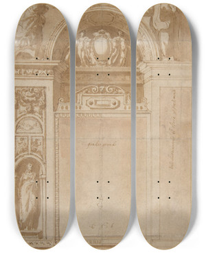 Triptych art skateboard deck of Cristoforo Roncalli Design For A Reredos Or Frame And Setting For An Altar Painting by Cristoforo Roncalli (1552-1626)