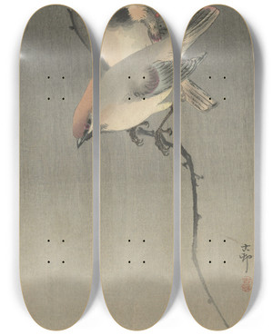 Triptych art skateboard deck of Ohara Koson Waxwing Birds by Ohara Koson (1877-1945)