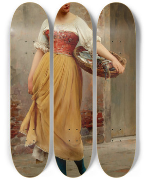 Triptych art skateboard deck of Eugen Von Blaas A Good Catch by Eugen Von Blaas (1843-1931)