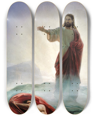 Triptych art skateboard deck of Carl Bloch Denying Satan by Carl Bloch (1834-1890)