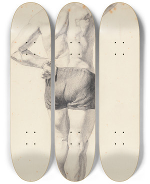 Triptych art skateboard deck of Elizabeth Berry Study From Life Back View Of Man In Bathing Suit by Elizabeth Berry