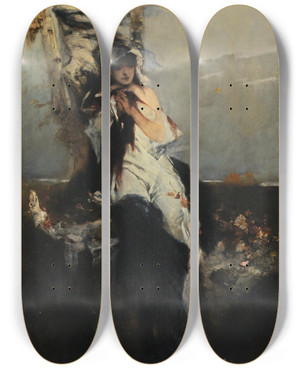 Triptych art skateboard deck of Raphael Von Ambros Die Erwartung by Raphael Von Ambros (1855-1895)