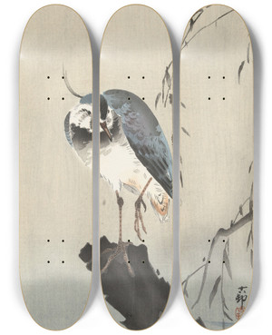 Triptych art skateboard deck of Ohara Koson Lapwing On Tree Stump by Ohara Koson (1877-1945)