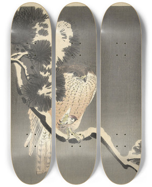 Triptych art skateboard deck of Ohara Koson Hawk With Sparrow by Ohara Koson (1877-1945)