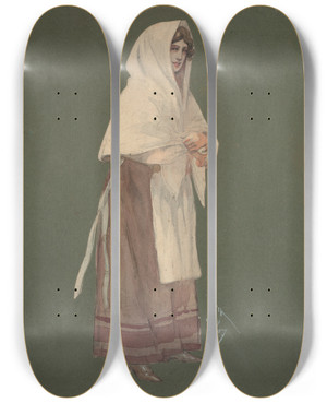 Triptych art skateboard deck of Pipein Gamba Contadina Corista by Pipein Gamba (1868-1954)