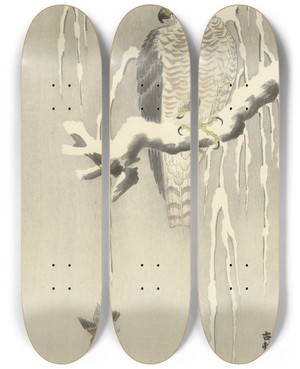 Triptych art skateboard deck of Ohara Koson Hawk With Captive Tree Sparrow by Ohara Koson (1877-1945)