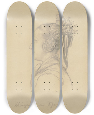 Triptych art skateboard deck of Johann Jakob Hoff Hessisches Bauernmdchen Mit Brautkrone by Johann Jakob Hoff (1838-1892)