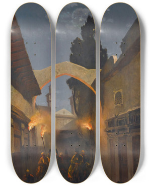 Triptych art skateboard deck of Alberto Pasini Nocturnal Cavalcade Tehran by Alberto Pasini (1826-1899)