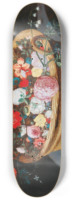 Jan Brueghel the Younger - A basket with spring flowers on a stone table 8.25 inch art skate deck