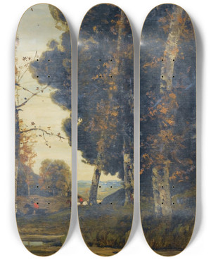Triptych art skateboard deck of Henrijoseph Harpignies Scne De Chasse Courre by Henri Joseph Harpignies (1819-1916)