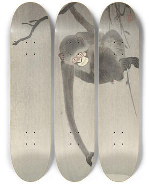 Triptych art skateboard deck of Ohara Koson Monkey And Reflection Of The Moon by Ohara Koson (1877-1945)