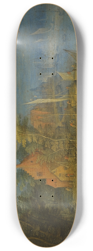 Jan Brueghel the Younger - A Town On The Banks Of A Wide River With A Heavily Laden Ferry Approaching The Shore In The Forgeound 8.25 inch art skate deck