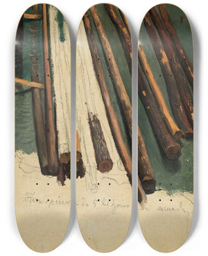 Triptych art skateboard deck of Thomas Fearnley Logs At The Beach by Thomas Fearnley (1802-1842)