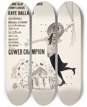 Triptych art skateboard deck of Artcraft Lithograph Carnival by Artcraft Lithograph (1905-1970)