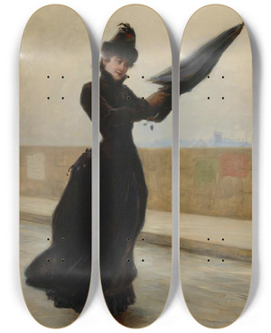 Triptych art skateboard deck of Douard Bisson A Windy Day by Edouard Bisson (1856-1939)