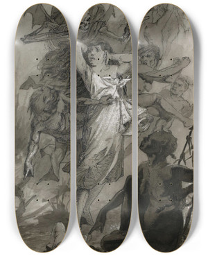 Triptych art skateboard deck of Alphonse Mucha The Dance Of Death by Alphonse Mucha (1860-1939)