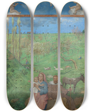 Triptych art skateboard deck of Hans Thoma Ruhe Auf Der Flucht by Hans Thoma (1839-1924)