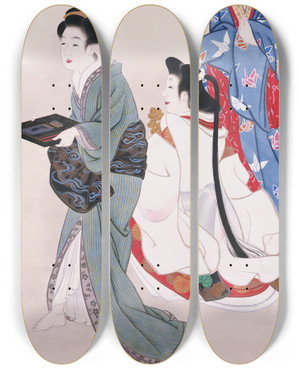 Triptych art skateboard deck of Yamaguchi Soken Working Girls by Yamaguchi Soken (1759-1818)