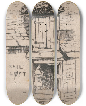 Triptych art skateboard deck of Sir Frank Short Sailloft Poole by Sir Frank Short (1857-1945)