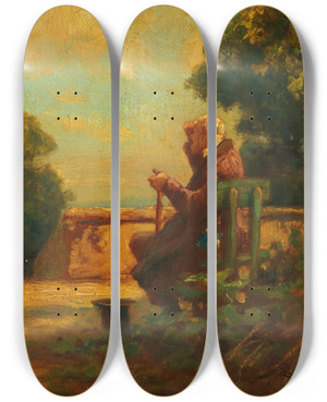 Triptych art skateboard deck of Carl Spitzweg Alter Mann Auf Einer Bank by Carl Spitzweg (1808-1880)