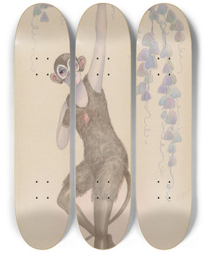 Triptych art skateboard deck of Will R Barnes Monkey by Will R Barnes (1939)