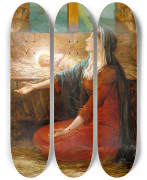 Triptych art skateboard deck of Will Hicock Low Christmas Morn by Will Hicock Low (1853-1932)