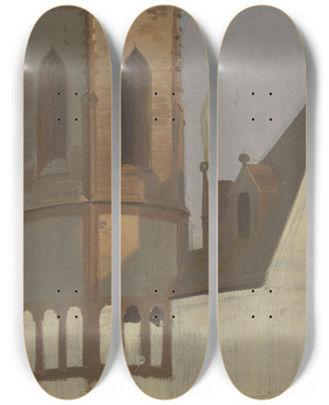 Triptych art skateboard deck of Jakob Becker Chorflankenturm Einer Romanischen Kirche_1 by Jakob Becker (1810-1872)