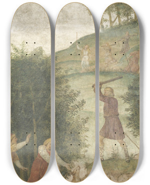 Triptych art skateboard deck of Bernardino Luini Cephalus Punished At The Hunt by Bernardino Luini (1480-1532)