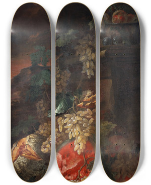 Triptych art skateboard deck of Giovanni Paolo Spadino Fruit Piece With A Landscape Background by Giovanni Paolo Spadino (1659-1730)