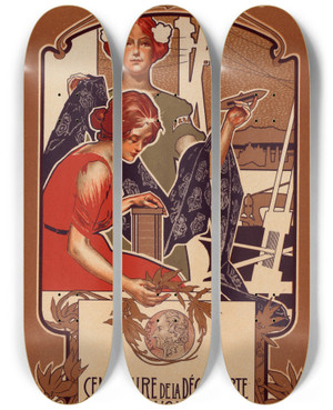 Triptych art skateboard deck of Adolfo Hohenstein Centenaire De La Dcouverte De La Pile Voltaque by Adolfo Hohenstein (1854-1928)