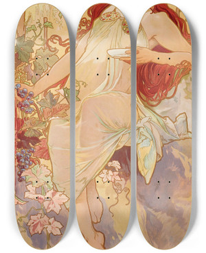 Triptych art skateboard deck of Alphonse Mucha Les Saisons 3 by Alphonse Mucha (1860-1939)