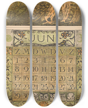Triptych art skateboard deck of Theo Van Hoytema Kalenderblad Juni Met Uilen En Scholeksters by Theo Van Hoytema (1863-1917)