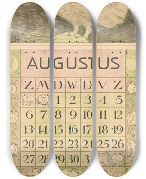 Triptych art skateboard deck of Theo Van Hoytema Kalenderblad Augustus Met Witte Duif by Theo Van Hoytema (1863-1917)
