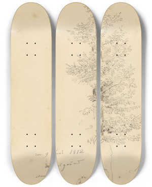 Triptych art skateboard deck of Caspar David Friedrich Study Of Pine Trees And A Rock by Caspar David Friedrich (1774-1840)