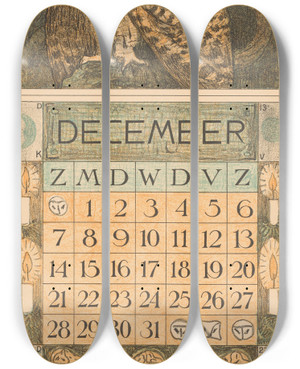 Triptych art skateboard deck of Theo Van Hoytema Kalenderblad December Met Een Oehoe by Theo Van Hoytema (1863-1917)